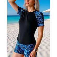 Traje de baño de dos piezas para mujer, estilo deportivo, conservador, que disimula el abdomen, adelgazante, adecuado para vacaciones en la playa, traje de baño Huludao. - Negro - Ver 4
