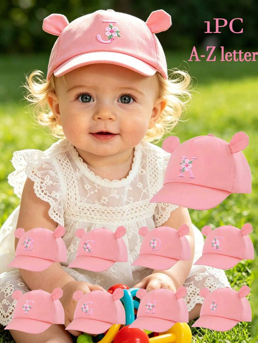 1顶婴儿耳罩棒球帽,带26个字母,幼儿棒球帽,四季儿童户外遮阳帽,纯色简约百搭软檐帽 - 粉色 - 查看 1