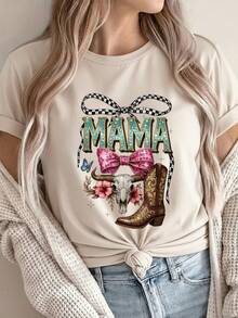 Women's & Men's Leisure T-Shirt And Size S For Women And Men, Women's T-Shirt, Size S, For Leisure Travel, College Party, MAMA Plaid Ribbon, Pink Rhinestone Bow, Bull Skull, Pink Hibiscus Flowers, Leaves, Brown Cowboy Boot, Blue Butterfly, Bright Stars. - 杏色 - 查看 8
