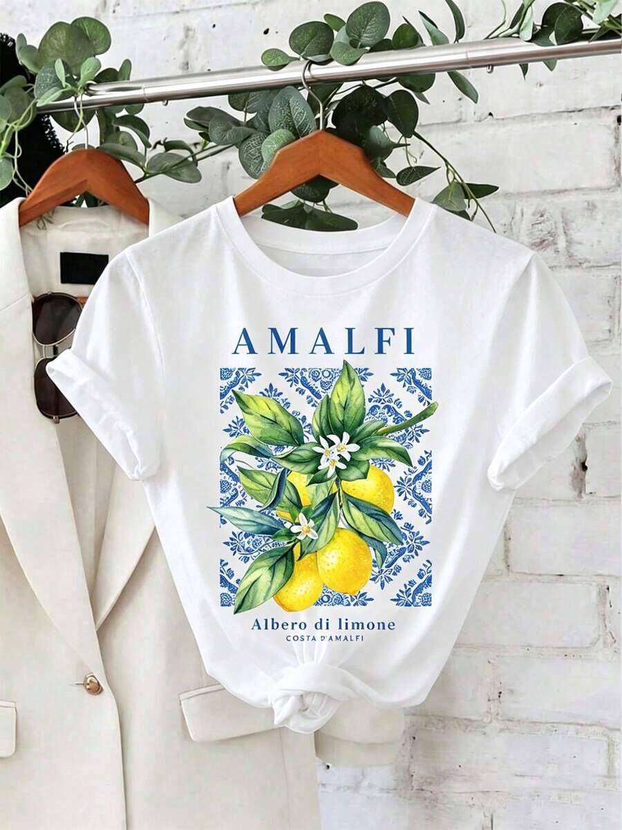 Women's Casual Summer Top, Retro Style, Blue And White Porcelain Lemon Print, And Comfortable, Design, Pure.Summert Shirts.Summer Tops - 白色 - 查看 1