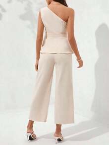 Conjunto de blusa sin mangas de un hombro y pantalones largos con cintura ajustable en unicolor elegante para mujer, ideal para verano - Albaricoque - Ver 11