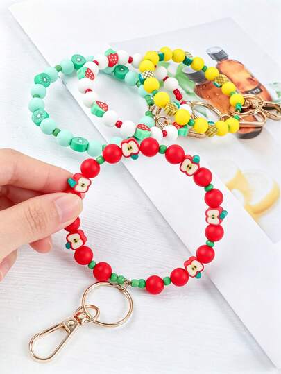 1pc Energetic Fruit Style Keychain, Macaron Color Simulated Apple, Strawberry, Pineapple Silicone Keychain, Multi-Color Options, Can Be Used As Keychain Or Bag Charm, Practical And Cute