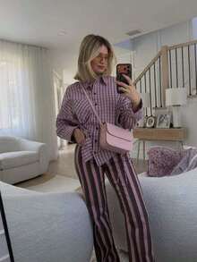 Camisa a cuadros para mujer con cintura elástica y botones laterales, blusa casual de manga larga color rosa - Rosa - Ver 5