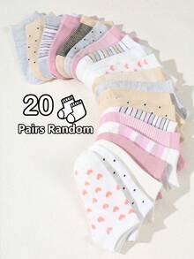 20 Pairs Kids' Random Color Thin Breathable Spring/Summer Striped, Heart, Butterfly, Dot Print Ankle Socks, Casual Fashion Student Socks, Suitable For Daily Wear And Gifts - Multicolor - View 10