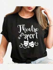 Camiseta Deportiva Casual para Mujer, con el eslogan El Teatro Mi Deporte, Camiseta Deportiva Casual de Manga Corta con Cuello Redondo, Top de Moda Primavera/Verano - Estilo Urbano Vintage Unisex, Camiseta Holgada de Algodón de Manga Corta con Cuello Redondo. - Negro - Ver 2