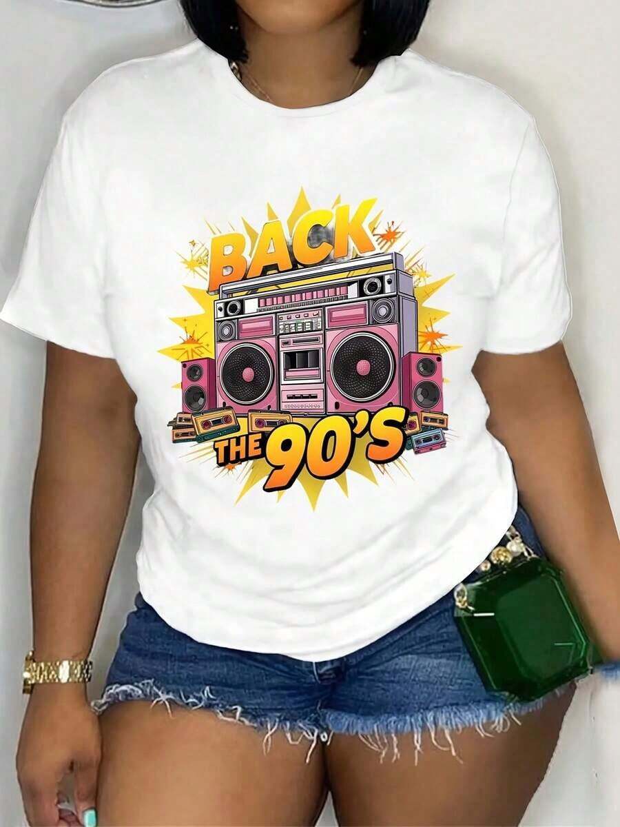 ropa de mujer Camiseta Gráfica Retro de los 90 para Mujer - Top Ligero y Transpirable con Cuello Redondo - Revive la Nostalgia de la Música de los 90 - Lavable a Máquina, Moda de Primavera, Ajuste Cómodo, Camiseta de Manga Corta, Ropa Casual, camisas de mujer - Blanco - Ver 1