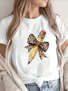 Camiseta de manga corta de poliéster, con estampado de leopardo, ligera y duradera, adecuada para uso casual en casa o en la oficina, cómoda y ajustada para el uso diario. - Blanco - Ver 6
