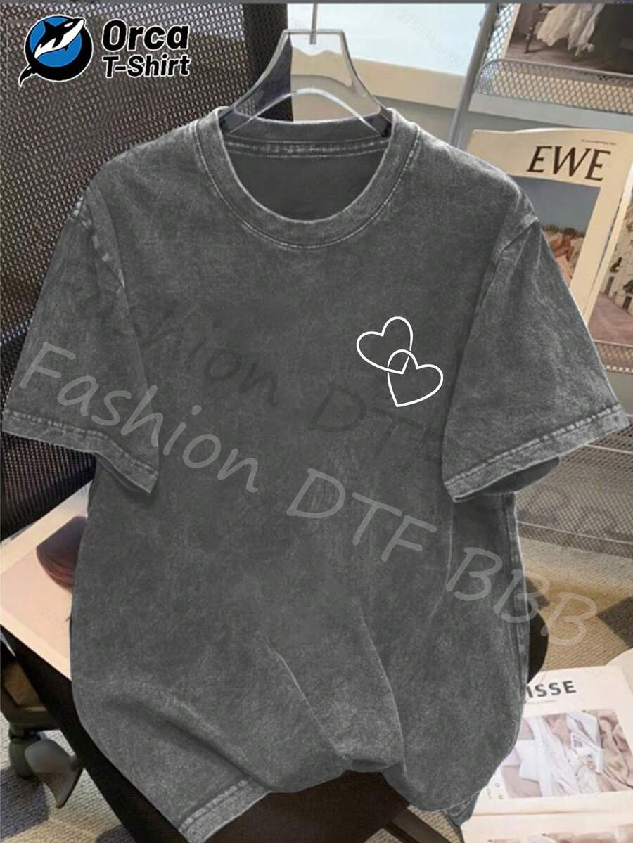 1 camiseta con diseño de doble corazón, hecha de algodón lavado de alta calidad, camiseta de la marca Orca, a la moda, adecuada para uso diario, un artículo popular, perfecto para regalar a familiares y amigos en días festivos como Pascua, Día de la Madre y Día de la Independencia. 180g 100% Algodón - Gris - Ver 1