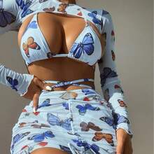 New Sexy Four-Piece Bikini With Butterfly Print And Adjustable Straps. - 藍色 - 查看 3