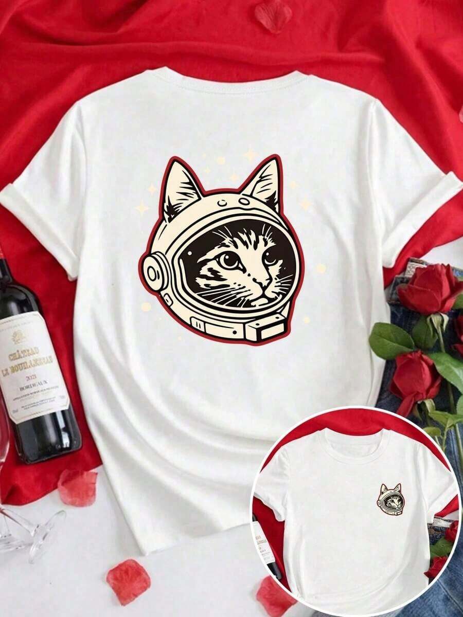 Camisetas de manga corta de talla grande para mujer, ideales para el verano, camisetas básicas de uso diario, camiseta de manga corta con estampado frontal y trasero - Gato Espacial, Estampado de astronauta - Camiseta estampada de primavera/verano para mujer, artículo de moda, transpirable y cómoda. - Blanco - Ver 1