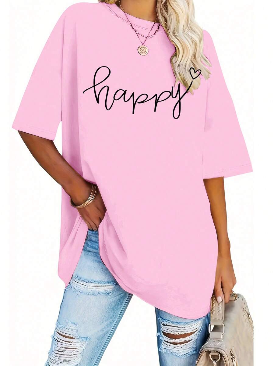 Talla Grande, Camiseta con Estampado de Letras, Manga Corta, Cuello Redondo, Top Casual, Ropa de Mujer - rosa oscuro - Ver 1