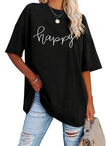 Talla Grande, Camiseta con Estampado de Letras, Manga Corta, Cuello Redondo, Top Casual, Ropa de Mujer - Negro - Ver 6