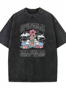 Camiseta casual vintage cómoda y lavada para mujer, camiseta de manga corta con cuello redondo,% algodón lavado y versátil para hombre, adecuada para uso diario y atuendos de, estilo unisex. - Negro - Ver 2