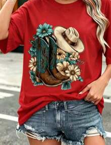 short-sleeveBlusas>Bonito Women's-fashionCamiseta playera gráfica dama mujer manga corta cuello redondo casual cómoda fresca ligera moderna juvenil corte regular estampado botas vaqueras flo - Rojo - Ver 5