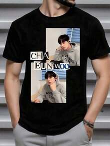 Camiseta de Mujer Moderna con Estampado Gráfico, Retrato Artístico de una Joven con una Sudadera Gris y Letras de CHA EUN WOO que Transmiten una Sensación Relajada y Moderna, Ideal para Fanáticos de la Cultura Pop, Camiseta de Hombre, 100% Algodón, 220g, Cuello Redondo Casual, Manga Corta, Uso en Todas las Temporadas, Idea de Regalo Perfecta - Negro - Ver 7
