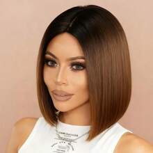 12 Inch Ombre Brown Short Bob Wig, Heat Resistant Synthetic Fiber, Middle Part Design, Fashionable Hair Color, Natural And Smooth Styling, Suitable For All Women, Cosplay, Theme Parties, Carnival - Multicolor - View 5