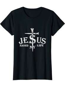 Camiseta Cristã Feminina Preta "Jesus Salvou Minha Vida" com Design de Cruz - Camiseta de Manga Curta, Gola Redonda, Macia e Respirável para Uso Casual e Esportivo, Lavável à Máquina, Camiseta para Corrida em Espiral |   Camiseta Gráfica Ousada |   Camisa Estampada Durável - Preto - Visão 1
