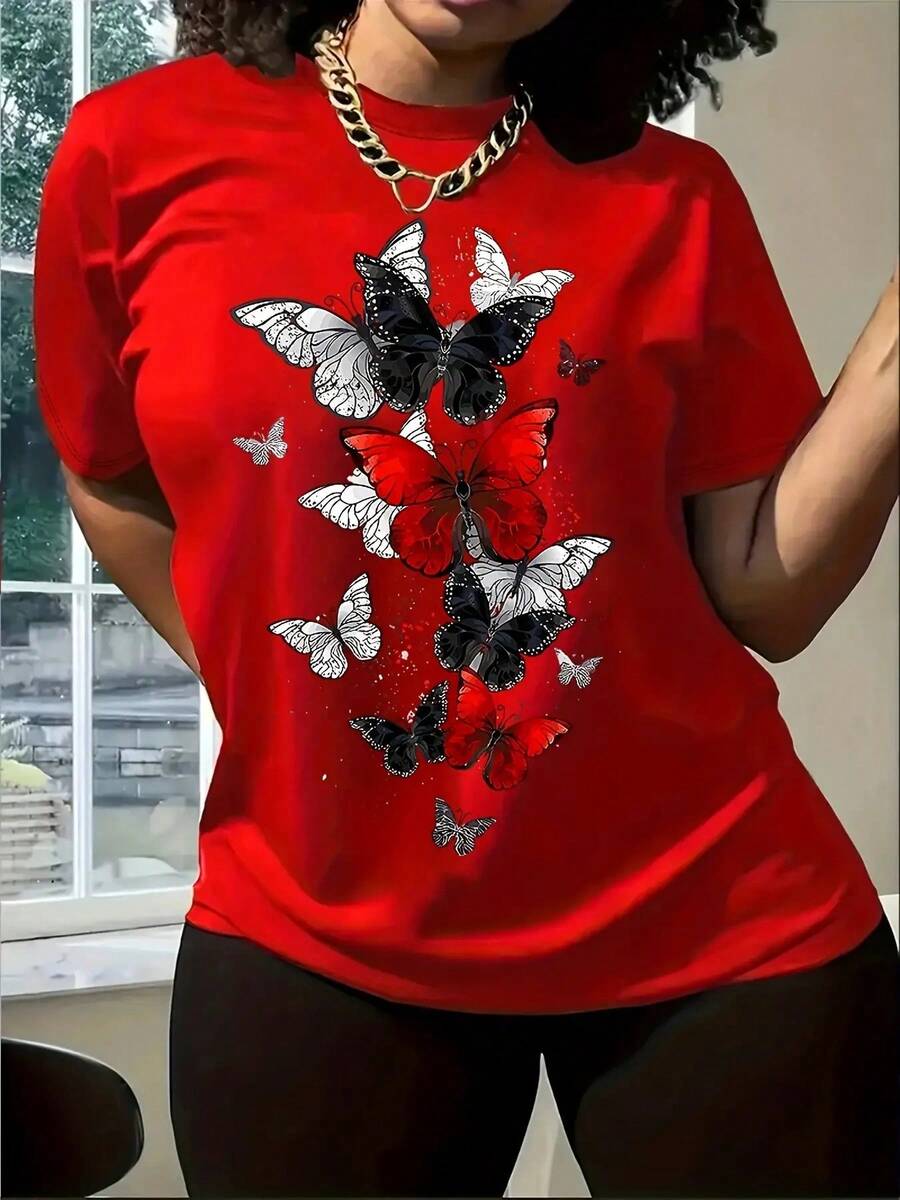 Mariposas voladoras negras y rojas, mariposas en grupos, exquisito patrón de mariposas, regalo para mujer, camiseta de manga corta estampada, casual, a la moda, ajustada, de cuello redondo, para primavera-verano - Top casual para mujer - Cómodo y holgado - 1XL-5XL - Camiseta unisex de algodón holgada de manga corta y cuello redondo, estilo vintage urbano.