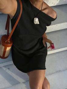Vestido suelto de hombros de unicolor elegante para mujer, adecuado para el trabajo, citas y uso diario, vacaciones de verano playa blanco - Negro - Ver 9