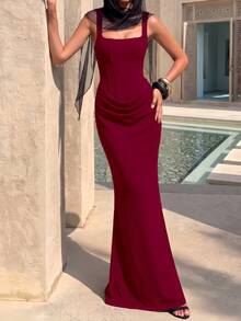 Đầm ôm sát gợi cảm dây mảnh dành cho nữ, đầm dài xếp ly mùa hè, đầm cocktail dự tiệc sinh nhật thanh lịch với dây buộc sau lưng bằng ren. - Màu Đỏ Sâu - Xem 2