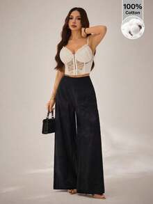 Pantalones anchos de cintura alta con textura, de moda casual y sencilla, para la temporada de vuelta al colegio, para ir y venir - Negro 3 - Ver 3