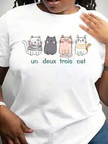 Women's Summer T-Shirt With Cartoon Cat Print And Lettering, Round Neck Design. - White - View 6