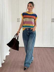Suéter de mujer casual minimalista con estampado de bloques de color y rayas en estilo bohemio mediterráneo - Primavera/Verano Estilo vintage "Old Money Soft Girl", perfecto para el trabajo, la oficina, las vacaciones, el regreso a la escuela, - Multicolor 4 - Ver 4