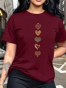 T-Shirt With An Artistic Heart Print Featuring Multiple Designs. Modern And Breathable, Suitable For Family Trips, College Activities, Casual Sports, Daily Commutes, Matching Sister Outfits-A Versatile Tee. E89T - 紅色 - 查看 2