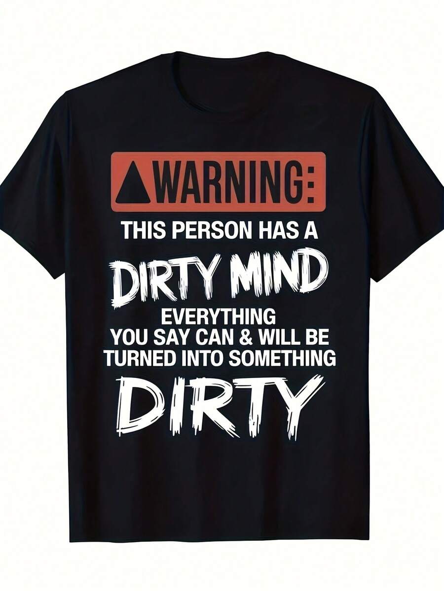 -Summer Edgy Humor Dirty Mind Warning Label Shirt - Unisex Oversized Retro Style T-Shirt With Bold Slogan Print, Loose Fit, Short Sleeves, Suitable For Men And Women, Funny Party Gift, Casual Wear, Size S-(Machine Washable), Loose And Comfortable - 後退 - 查看 1