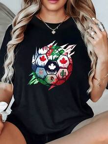 Balón formado por paisajes de Canadá Estados Unidos y México que simboliza unión deportiva y amistad entre naciones con emblemas naturales y urbanos camiseta de mujer moderna y cómoda - Negro - Ver 6