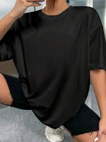 1 pieza con impresión en negrita |   Regalo sorpresa | Camiseta casual de cuello redondo para mujer de 180g, 100% algodón, estilo regular para primavera y verano. - Negro - Ver 4