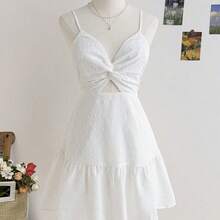 Women's Vacation Style Camisole Mini Dress, With Bowknot Back Straps, Twist Front, White Summer Casual - Blanco - Ver 2