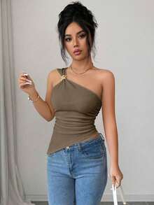 Blusa elegante y sexy de mujer con cuello halter sin mangas, con decoración metálica, tela texturizada, recogido en la cintura, adecuada para salir, citas, vacaciones - Caqui - Ver 5