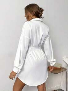Vestido camisero fruncido de hombros caídos - Blanco - Ver 2