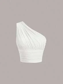 Top crop de un hombro fruncido - Blanco - Ver 1