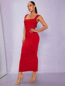 Vestido ajustado unicolor de cuello cuadrado - Rojo - Ver 6