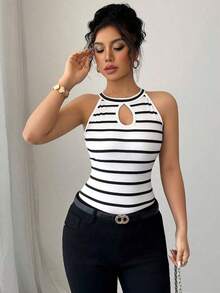 Camiseta ajustada y sexy con diseño hueco y cuello halter a rayas para mujeres - Blanco y Negro 2 - Ver 3