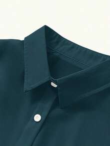 Camisa casual/de trabajo de manga larga, de un solo pecho y de unicolor para mujer de talla grande - Azul marino 2 - Ver 4