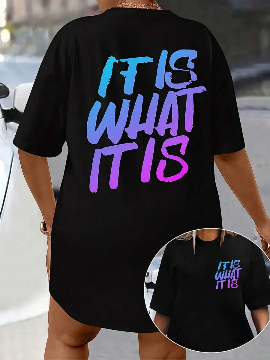 Camiseta de estampado gráfico para tallas grandes, top casual de manga corta y cuello redondo para verano y primavera, ropa para mujeres de talla grande. - Negro - Ver 1