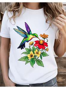 Camiseta de Mujer con Estampado de Colibrí y Flores Coloridas, Inspirada en la Naturaleza, Ropa Casual de Verano, Diseño Holgado y Ligeramente Extendido - Blanco - Ver 8