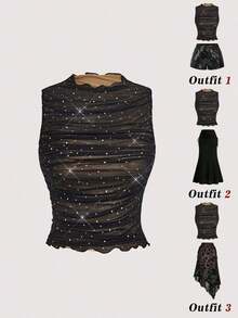 Top sin mangas con cuello alto y fruncido en unicolor, top negro de club, tops de malla para fiestas, despedida de soltera, tops para citas, salir, primavera/verano, top de fiesta, vacaciones, cumpleaños, festival, playa, top elegante - Negro - Ver 3
