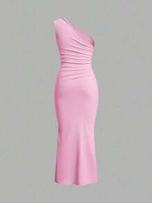 Vestido maxi de cola de pez con hombro asimétrico arrugado de unicolor sin mangas - Rosa - Ver 2