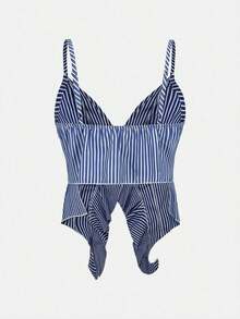 Blusa de verano informal para mujer con rayas y volantes en los tirantes - Azul - Ver 2