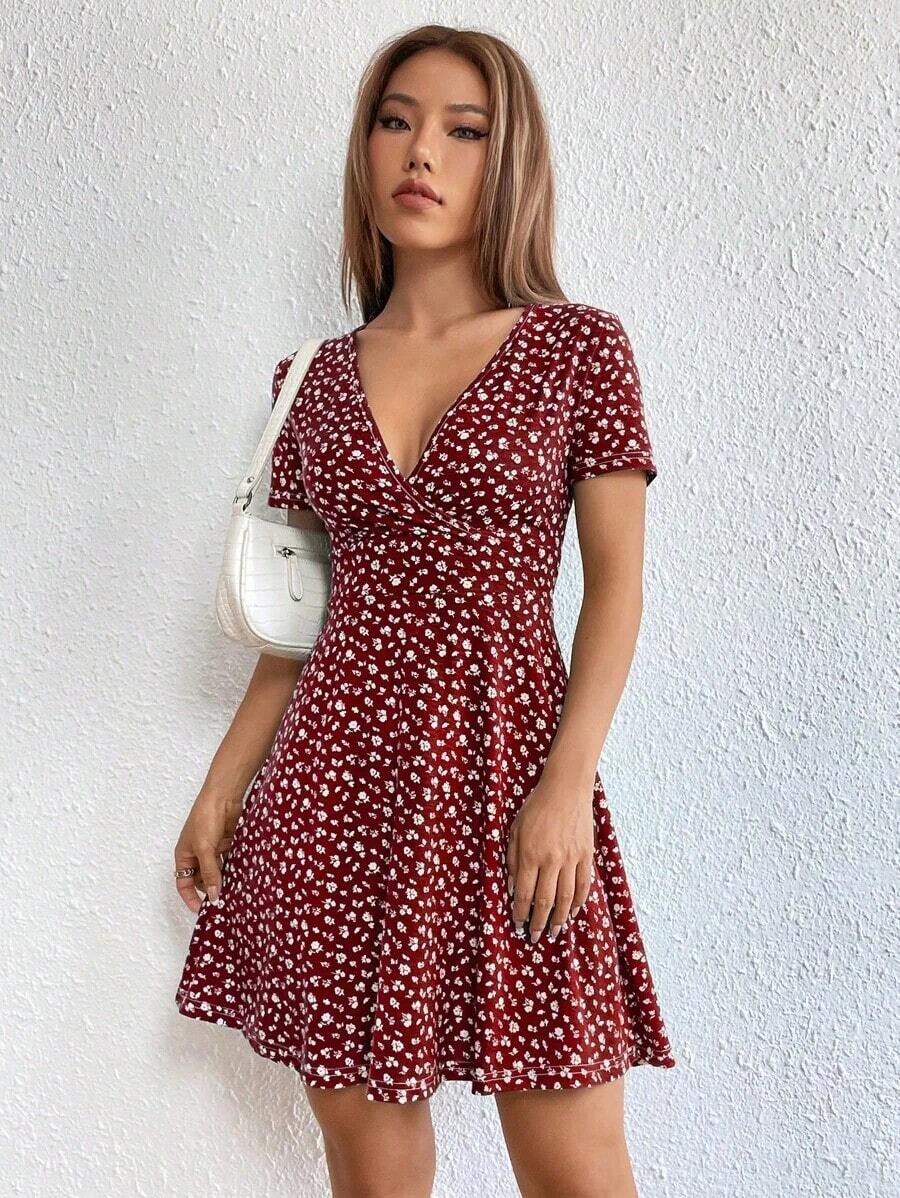 Vestido De Manga Corta Para Mujer Con Estampado Floral - Rojo - Ver 1