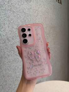 蝴蝶結雷射亮片手機殼，波浪邊透明防震手機殼，適用於 Galaxy A56/A17/S24 Ultra/S24 Plus/S24/S23 Ultra/S23 Plus/S23/S22 Ultra/S22 Plus/S22/S21 Ultra/S21 Plus/S21 FE/S23 FE/S20 FE，適用於 iPhone17/16E/15/14/13/12/11/X/XS Max/XR/Pro Plus，國際版非國內版 - 粉色 - 查看 1
