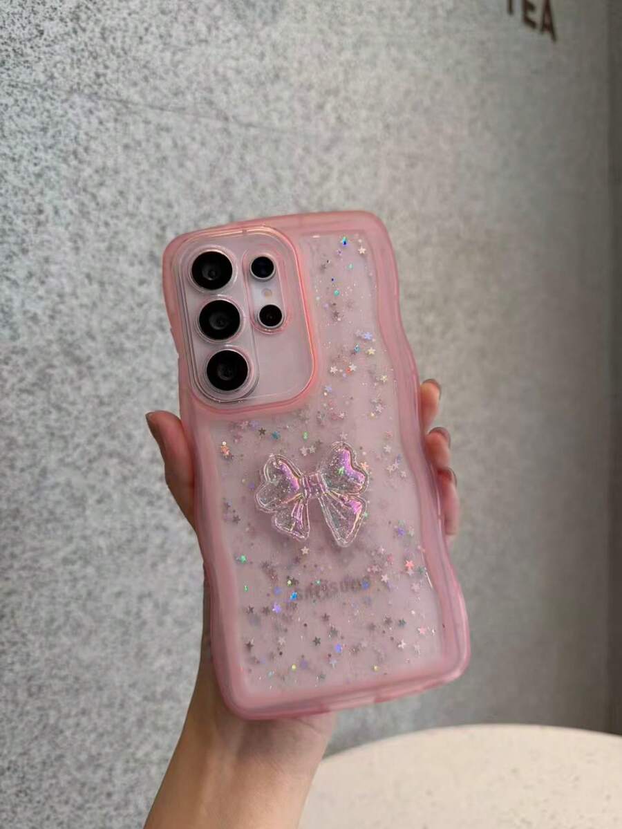 蝴蝶結雷射亮片手機殼,波浪邊透明防震手機殼,適用於 Galaxy A56/A17/S24 Ultra/S24 Plus/S24/S23 Ultra/S23 Plus/S23/S22 Ultra/S22 Plus/S22/S21 Ultra/S21 Plus/S21 FE/S23 FE/S20 FE,適用於 iPhone17/16E/15/14/13/12/11/X/XS Max/XR/Pro Plus,國際版非國內版 - 粉色 - 查看 1