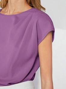 Blusa de mujer con mangas de murciélago asimétricas, de unicolor, estilo básico urbano de viaje, moda elegante y sencilla para negocios casuales, adecuada para maestras y uso en la oficina - Morado - Ver 4