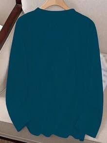 Camiseta casual de manga larga con cuello redondo y estampado de letras negras para mujer, blusas gráficas para mujer en primavera - Verde - Ver 2