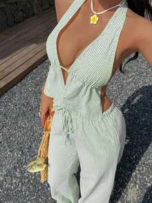 2 piezas Conjunto de top corto bandeau con volantes y pantalones de pierna ancha a rayas de Vaiaye, conjunto de camisola de lino a rayas de cuello en V profundo y pantalones casuales sueltos con cordón, conjunto sexy, lindo y elegante romántico de verano, algodón rastreable - verde claro - Ver 5