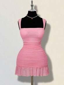 Vestido mini ajustado de mujer de unicolor elegante con malla y drapeado - Rosa Pálido - Ver 9